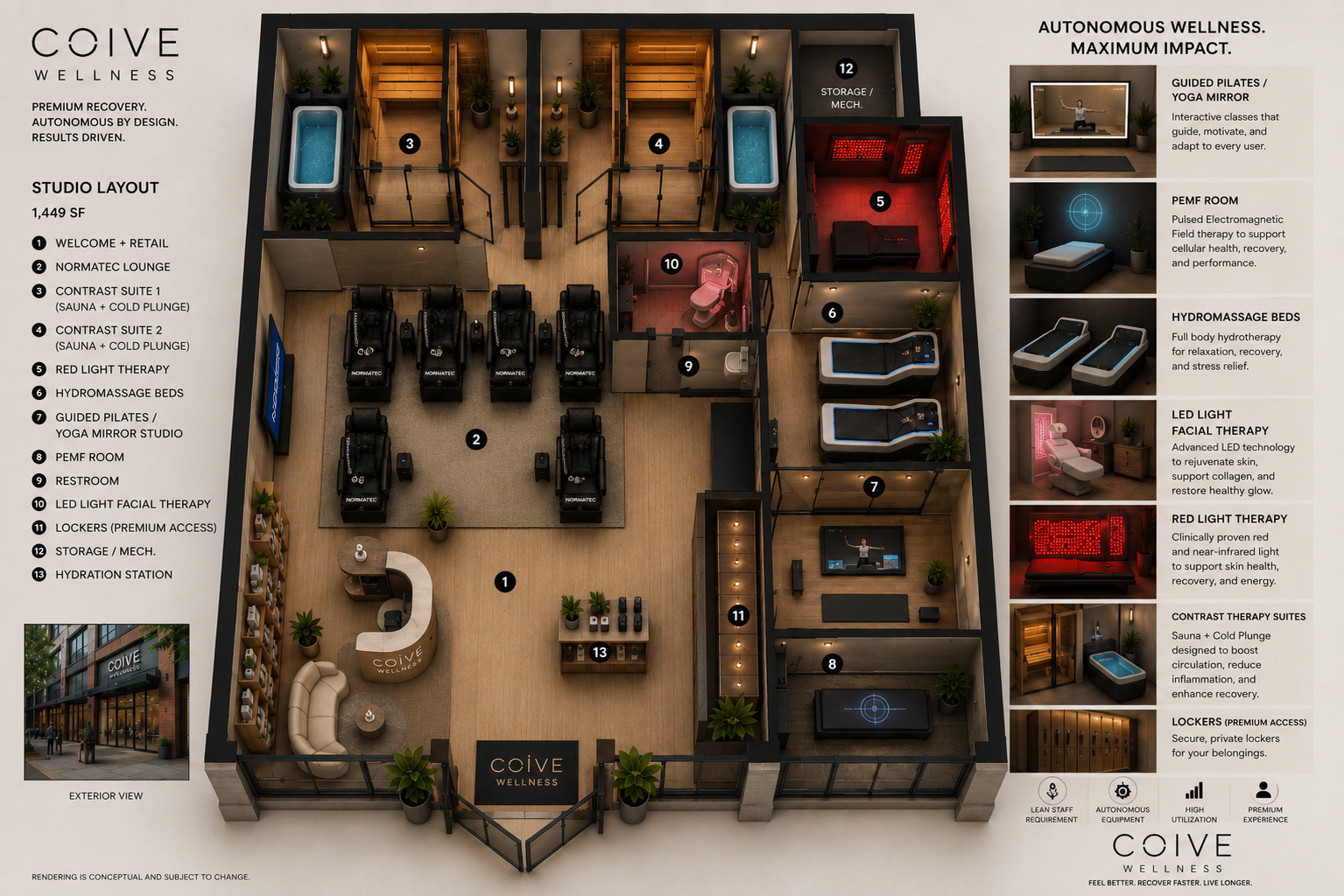 Conceptual overhead rendering of the planned Coive Wellness Atlanta recovery and longevity studio.