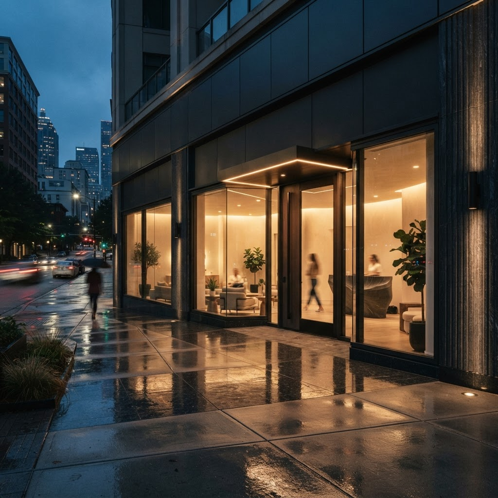 The Coive Wellness studio exterior glowing warm at night in Midtown Atlanta