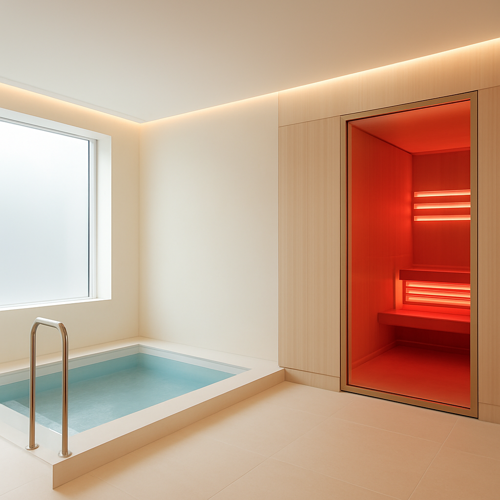 Interior of the Coive Wellness recovery facility with cold plunge and red light therapy