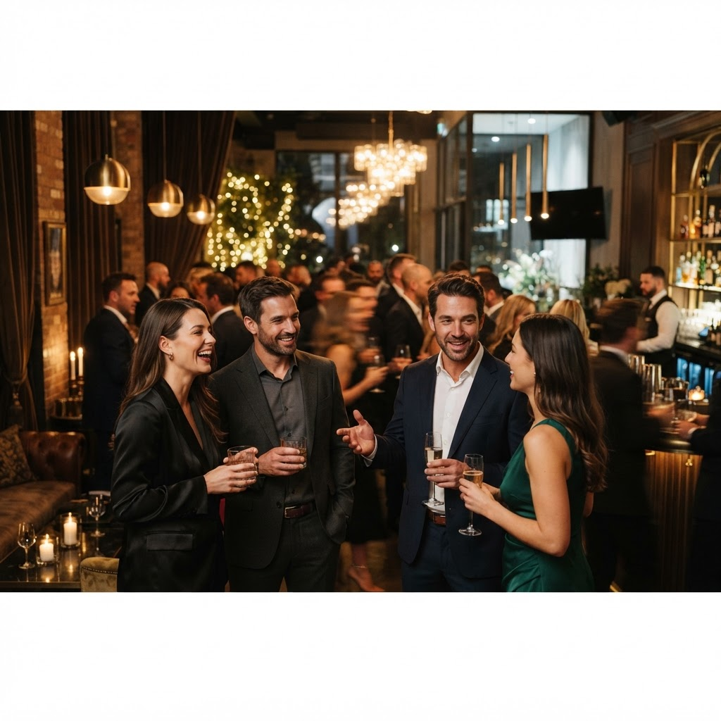 Business executives networking with cocktails at an upscale evening reception